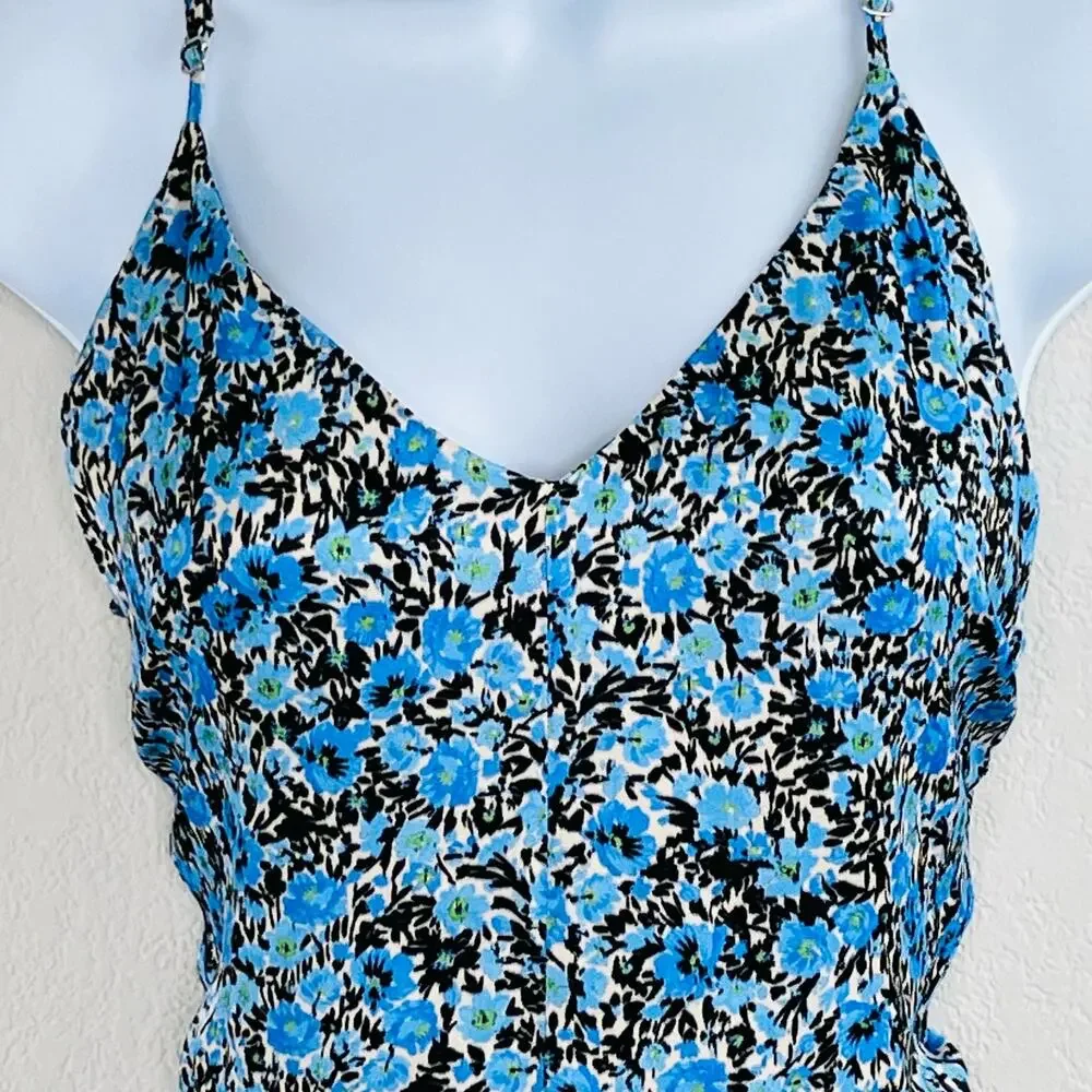 Topshop Floral Tie Back Romper Blue Black Boho Summer Beach Festival 6 NWT